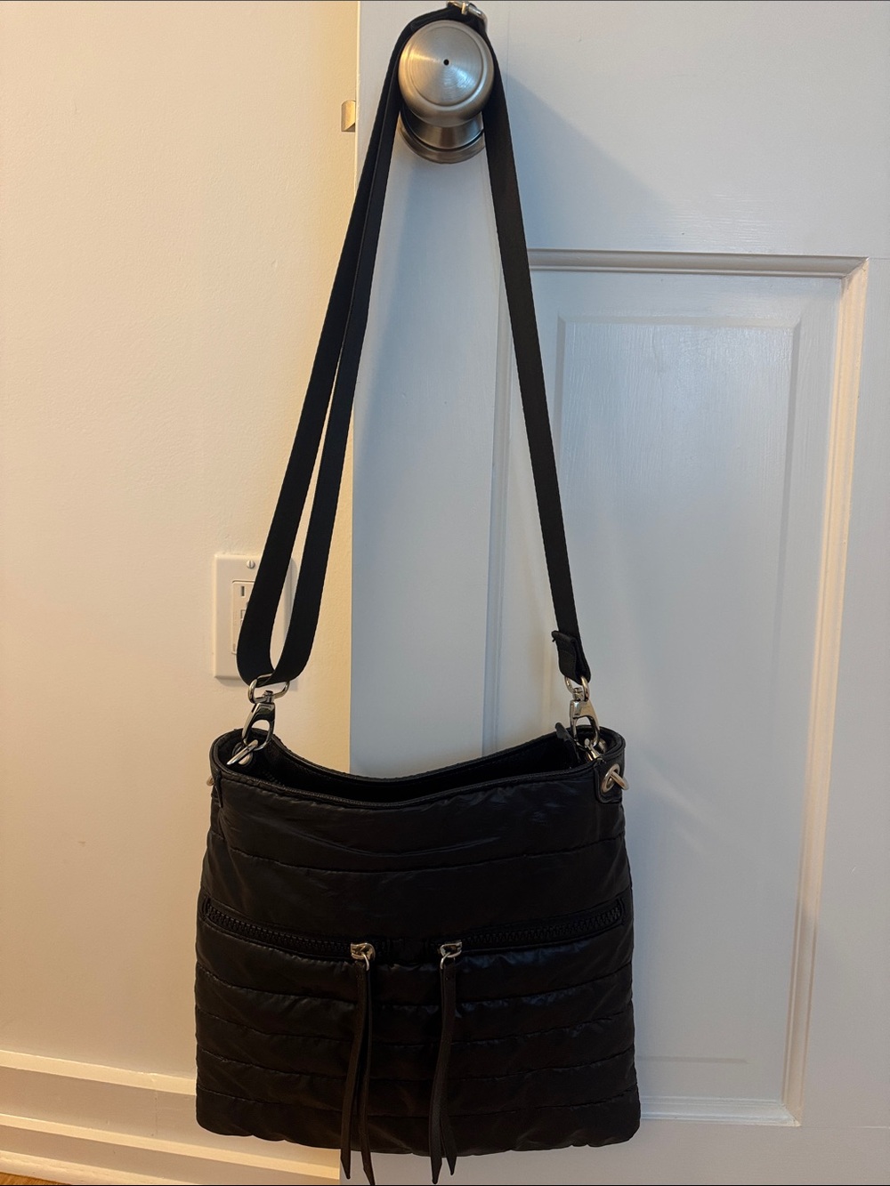 Sondra Roberts Black Quilted Crossbody Bag with Zip Pockets